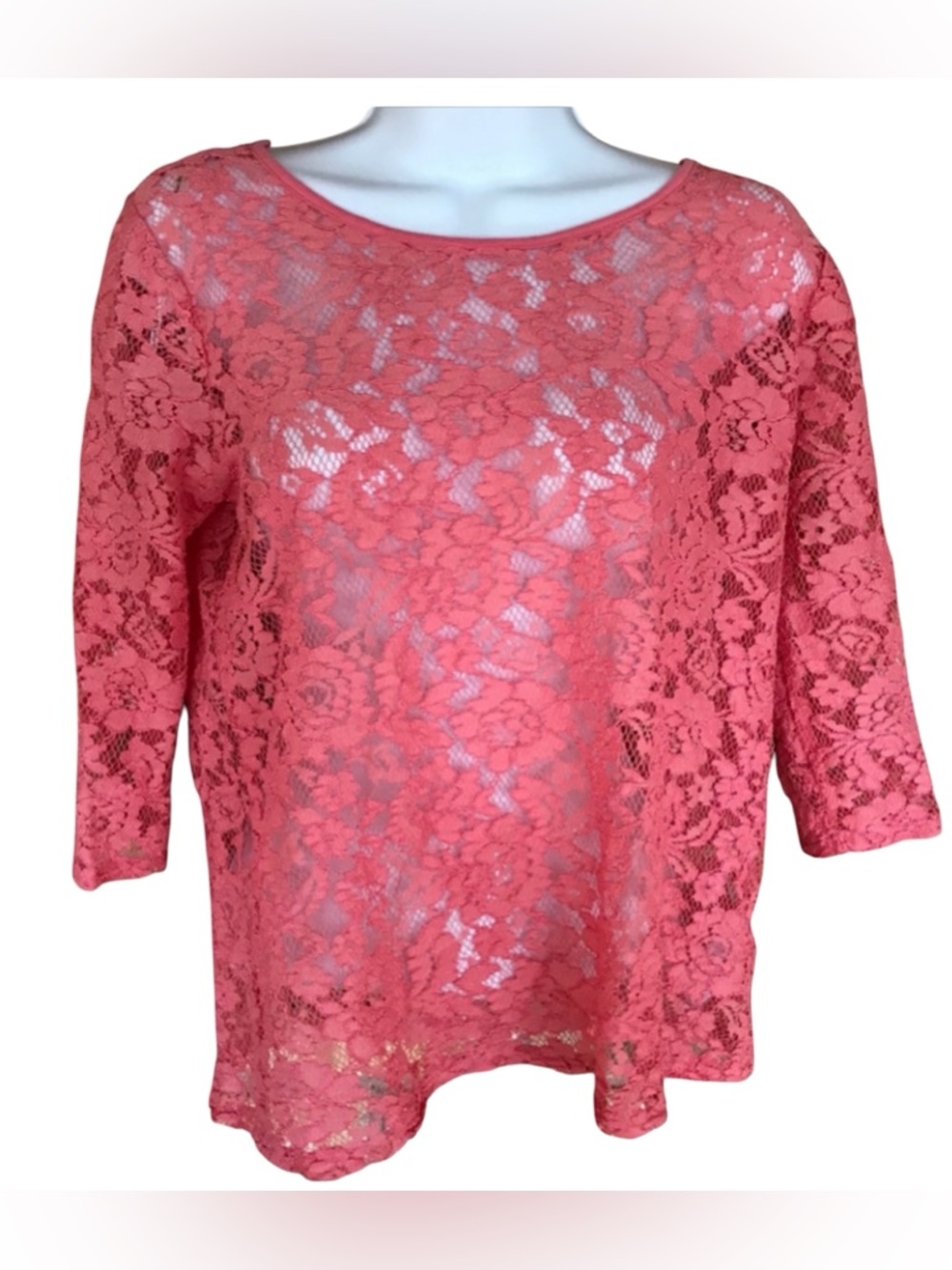 Forever 21 Coral Sheer Lace Blouse 3/4 Sleeve Pullover Size Small